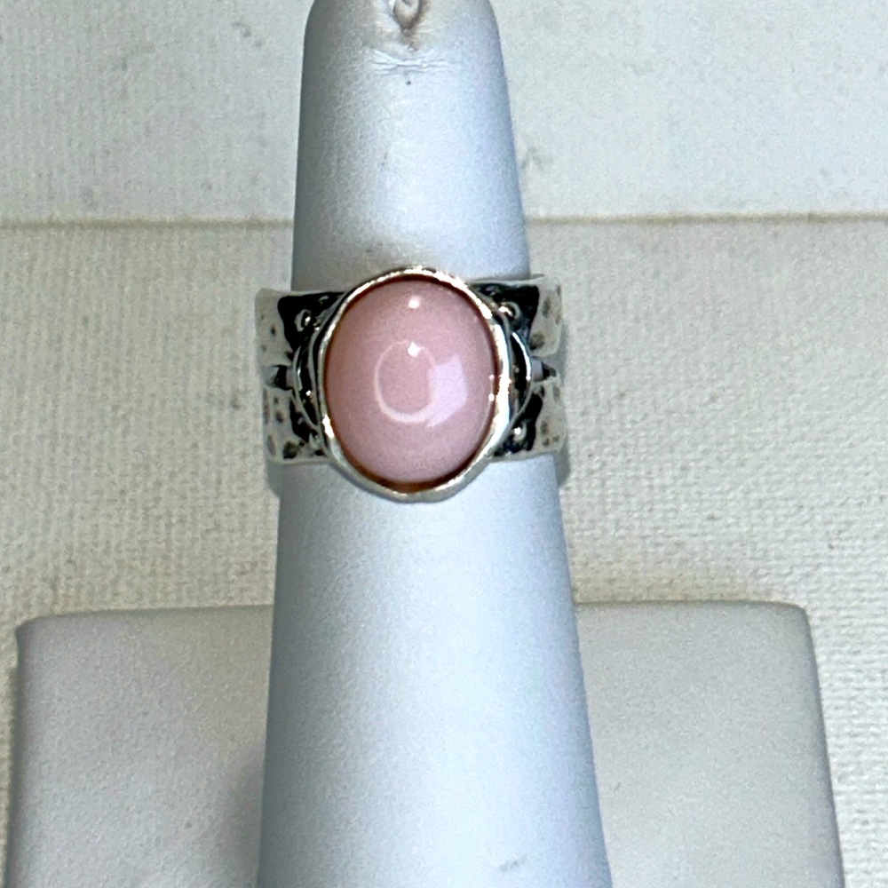 Peruvian Pink Opal Hammered Sterling Silver Ring Designer Passage to Israel